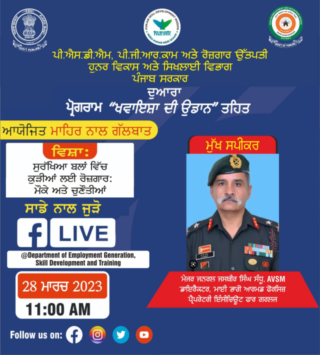 You are currently viewing  “ਖਵਾਇਸ਼ਾਂ ਦੀ ਉਡਾਨ” ਤਹਿਤ ਲੜਕੀਆਂ ਲਈ ਵਿਸ਼ੇਸ਼ ਕਰੀਅਰ ਗਾਈਡੈਂਸ ਪ੍ਰੋਗਰਾਮ  28 ਮਾਰਚ ਨੂੰ: ਜ਼ਿਲ੍ਹਾ ਰੋਜ਼ਗਾਰ ਅਫਸਰ